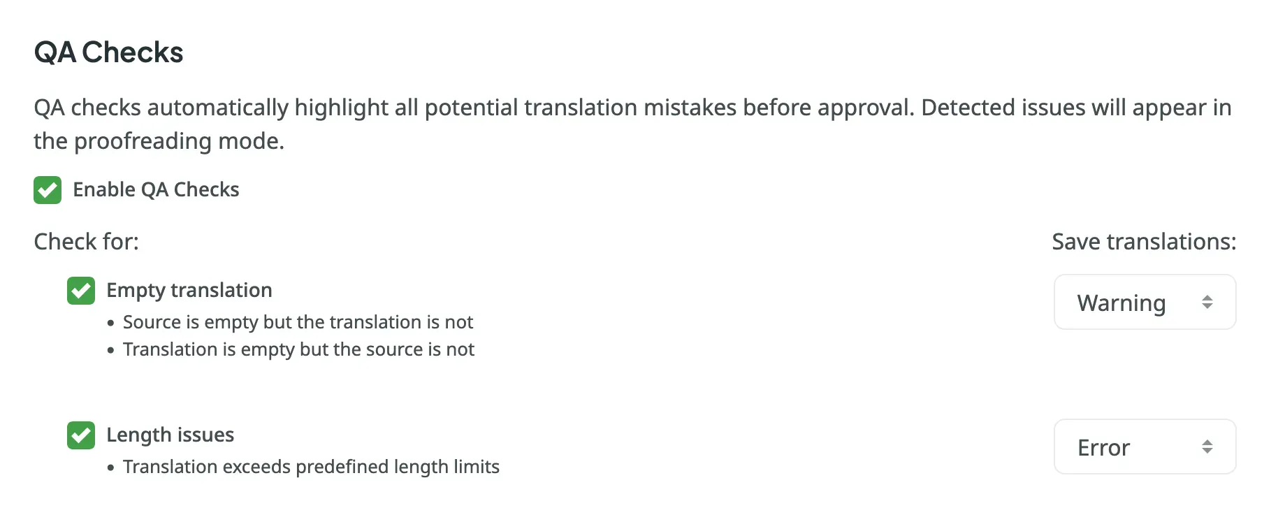 QA checks settings in Crowdin